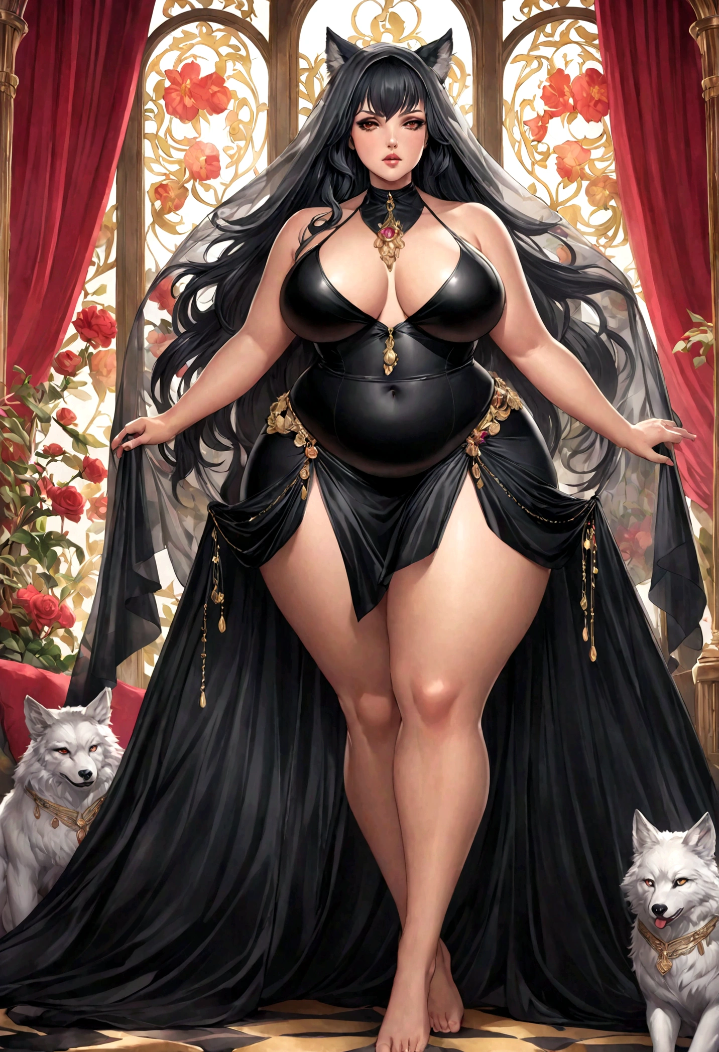 Fullbody of a 20 age chubby wolfwoman nsfw in a pleassed skirt, sleeveless top, dark eyes, legs, long black ponytail hair,l ight and transparent veil filling with charm and seduction, stunning beautiful artwork, maximalist, by artgerm, 8k anime artwork, 8k photo, trending on artstation.