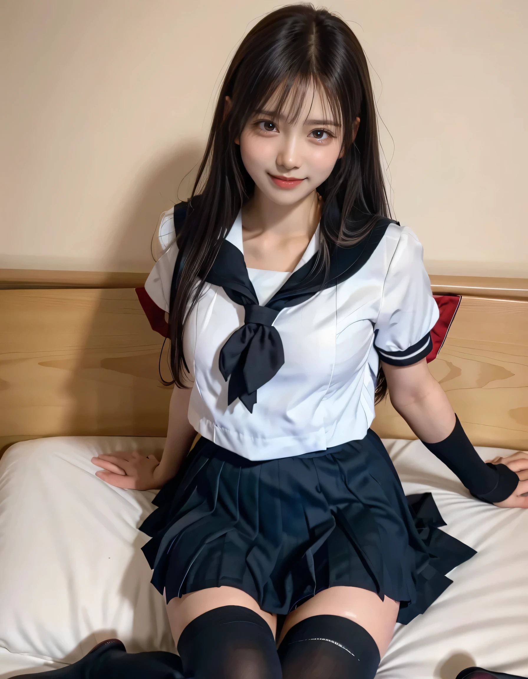 (From above), Young girl, (Seifuku), (Black high socks), feet, (The whole body is visible), (A light smile:0.8), 超High resolution, retina, Accurate, masterpiece, Anatomically correct, Textured skin, Very detailed, Awards, highest quality, High resolution, 8k, (Realistic:1.4), M-shaped legs, On the bed