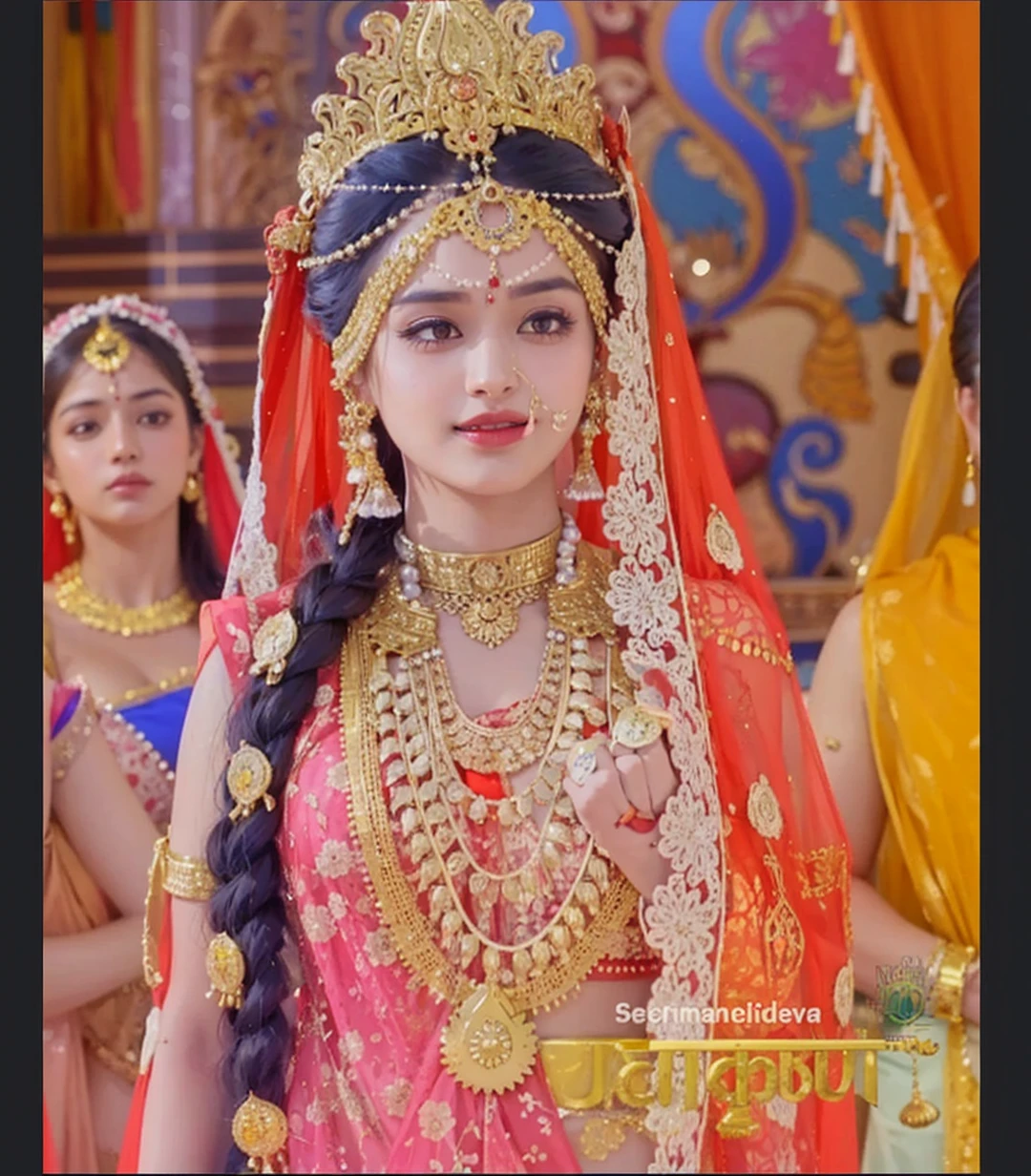 A beautiful indian hindu princess of fair complexion in indian red gold plated saree and gold jewellery. Beautiful body, well formed breast, thin waist