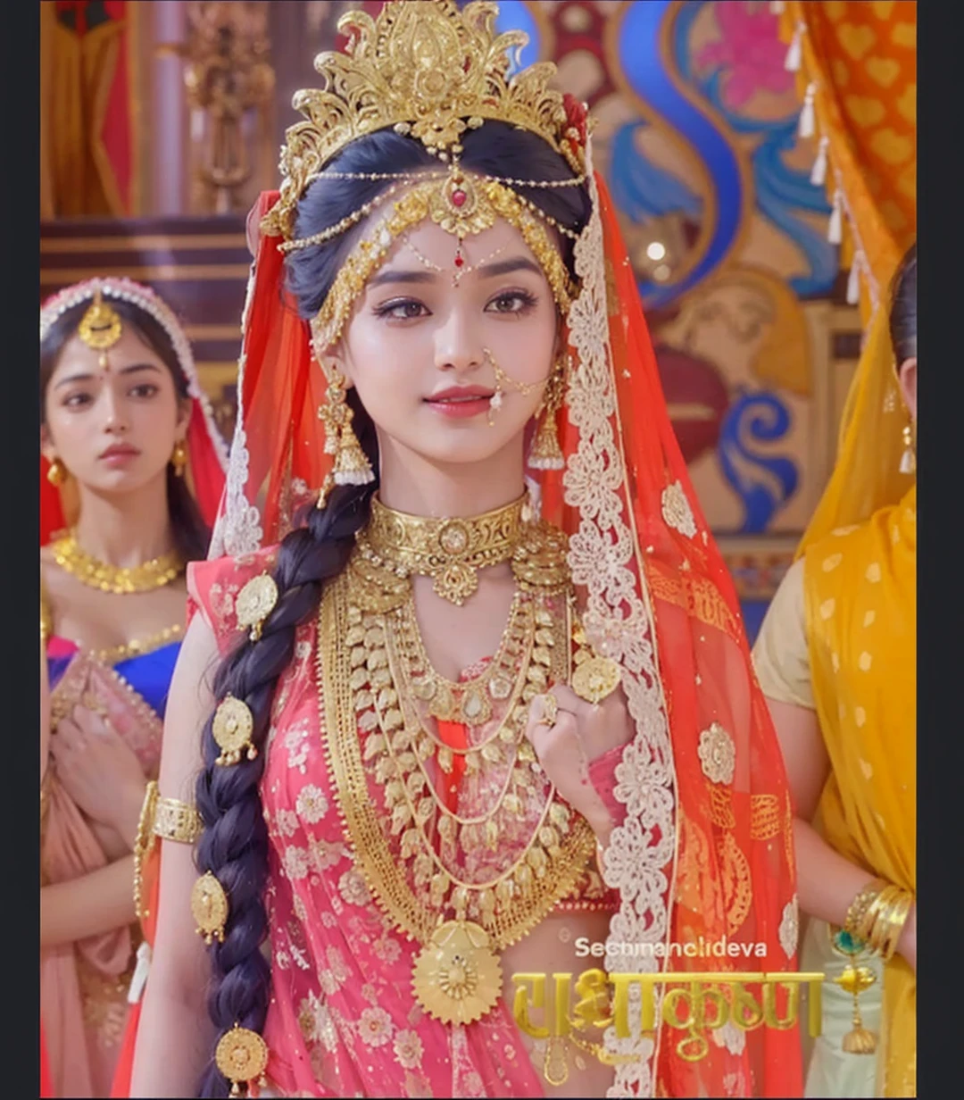 A beautiful indian hindu princess of fair complexion in indian red gold plated saree and gold jewellery. Beautiful body, well formed breast, thin waist 