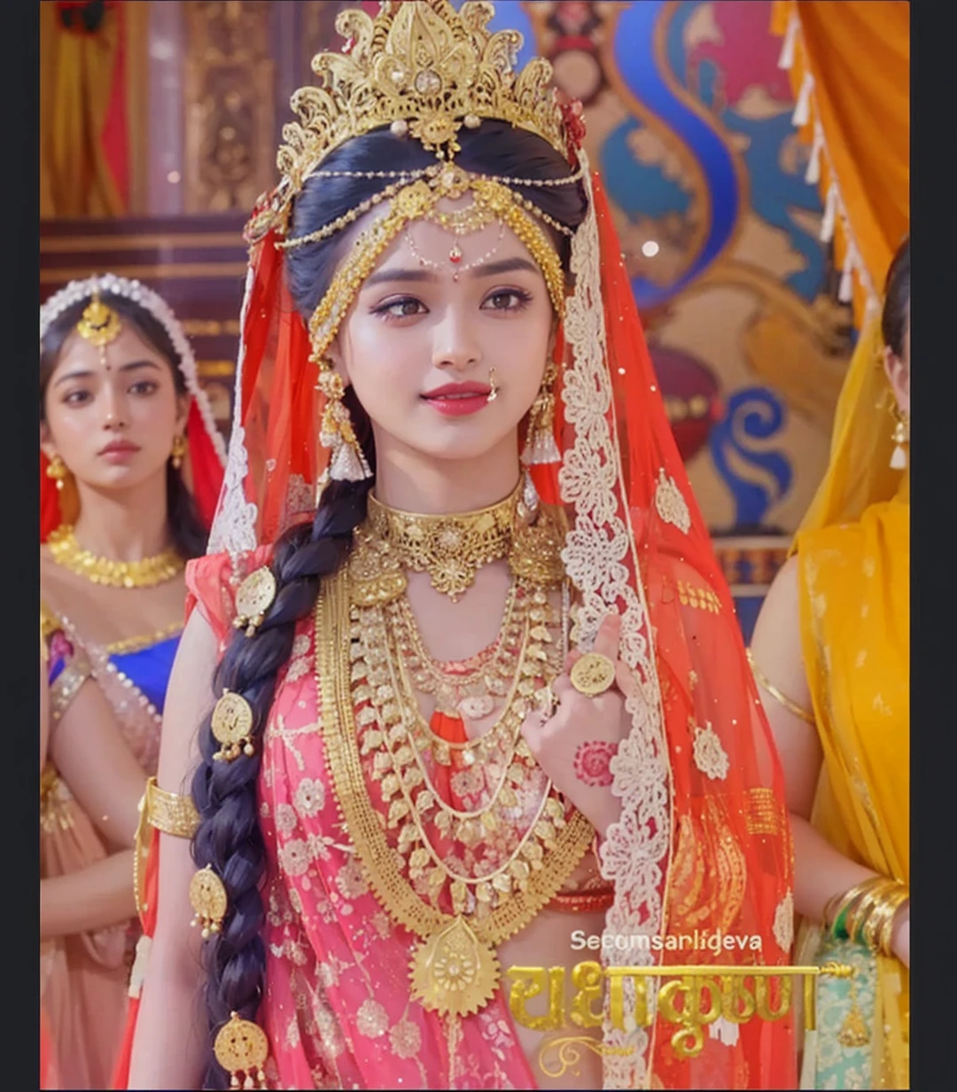 A beautiful indian hindu princess of fair complexion in indian red gold plated saree and gold jewellery. Beautiful body, well formed breast, thin waist 