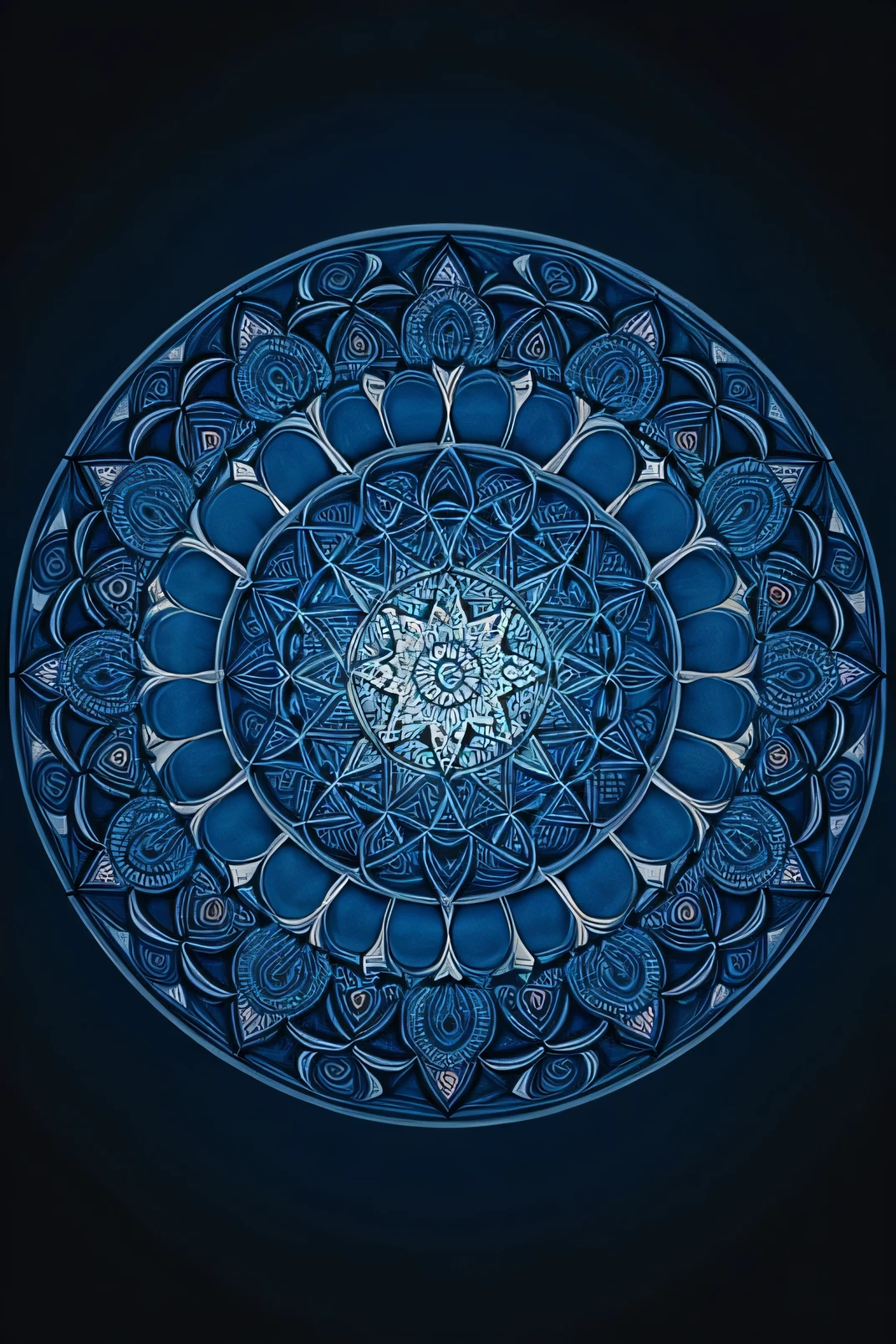 Create a mandala art with intricate details, using shades of blue gradient against a dark translucent background. Position the artwork centrally, ensuring there are no missing sections.