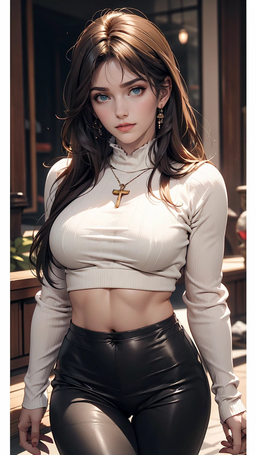 24 year old Caucasian female、long hair、Sheer off-turtle neck((off-turtle neck))Wear tops、I can see my belly button、Narrow waist、Wear low rise leggings、Big Breasts、Cross one's army chest is on my arms、Wear stiletto heels、smile、