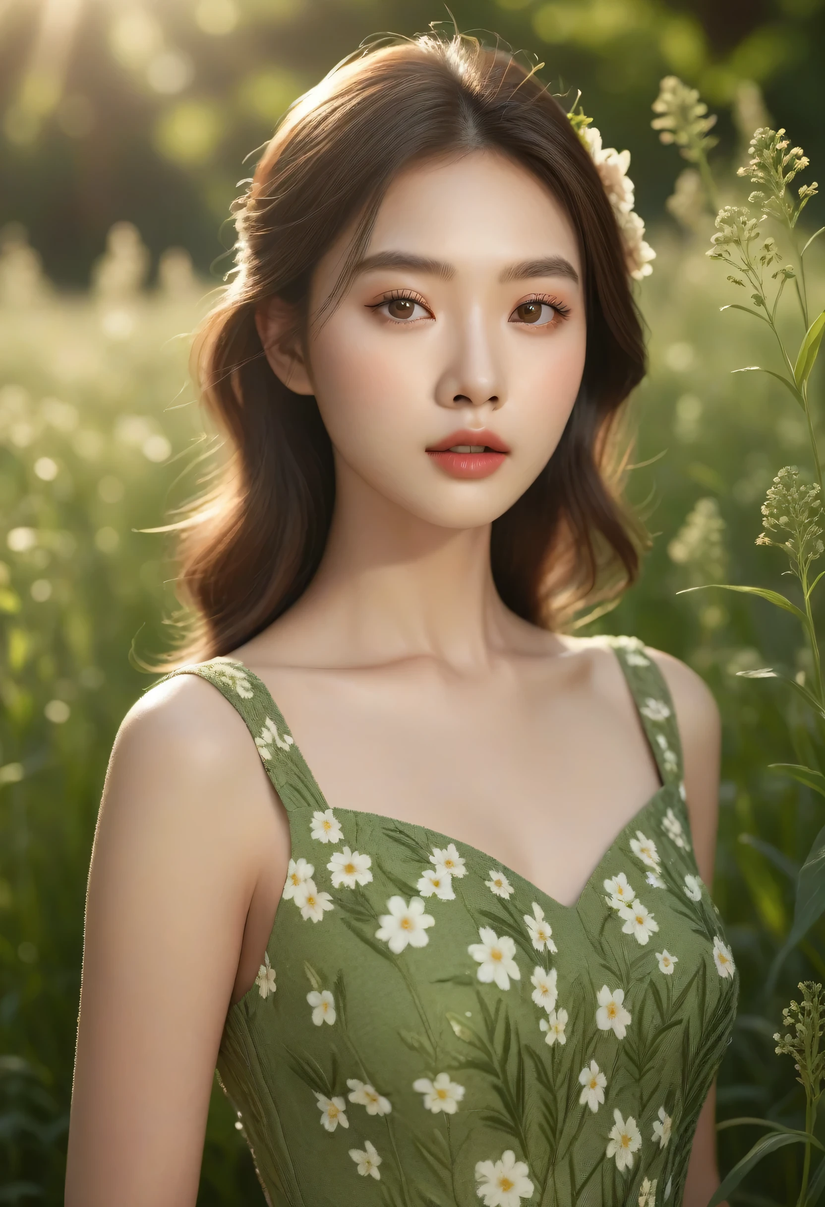 a young girl, 1girl, beautiful detailed eyes, beautiful detailed lips, extremely detailed face and features, longeyelashes, delicate facial features, soft skin, slender figure, elegant pose, intricate floral dress, sunlit meadow background, lush green foliage, warm color tones, natural lighting, photorealistic, 8k, best quality, masterpiece, highly detailed, cinematic, ethereal atmosphere