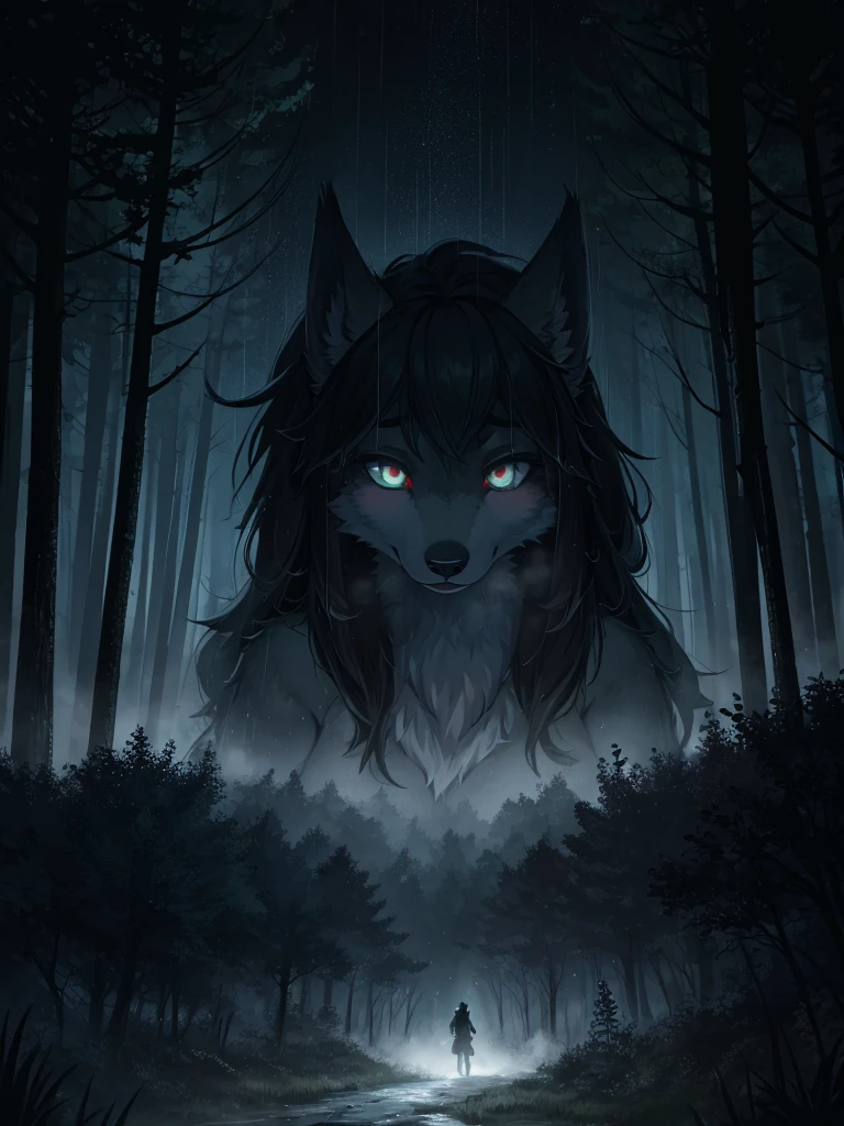 Hallucination, daydream , Fear , Fantastic , bokeh , hairy fur , haunted foggy forest , female wolf , heavy rain , with sheep in the dark , steamy breath , Predator Eyes , can not stand it any longer , (Attacking sheep that have wandered into the forest)