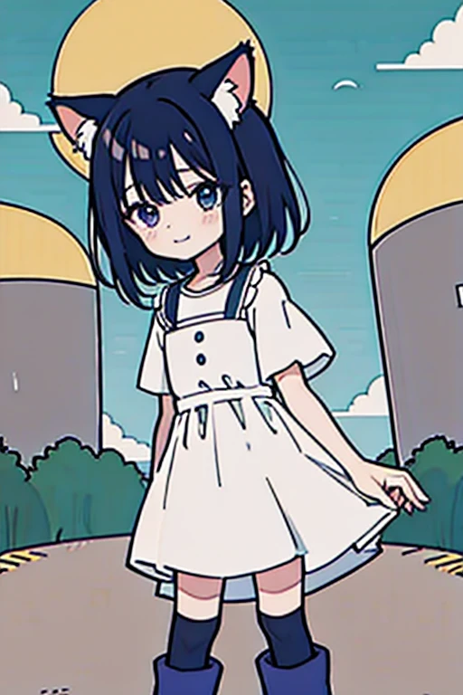 1 chica,solo,obra maestra,mejor calidad,al aire libre,pose,orejas de animales,botas,orejas de gato,cat girl,paisaje urbano,vestido,gloenes,fondo verde,sonrisa,mano arriba,knee botas,rodilla arriba,long sleeenes,looking at eniewer,pelo medio,Ojos rosados,pleated falda,calzado rojo,faja,session,falda,sleeeneless vestido,Cola,en,pelo blanco,cuello marinero blanco,wide sleeenes,