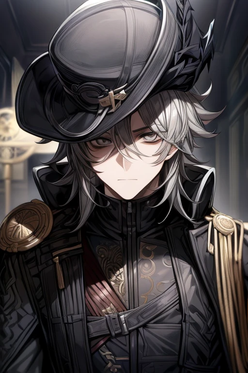 (masterpiece, best quality, perfect face, expressive eyes), 1boy, (dark circles under eyes), (anime), (male, (adult), black musketeer feather hat, black trench coat, black gloves, intricate details, grey hair, grey eyes,