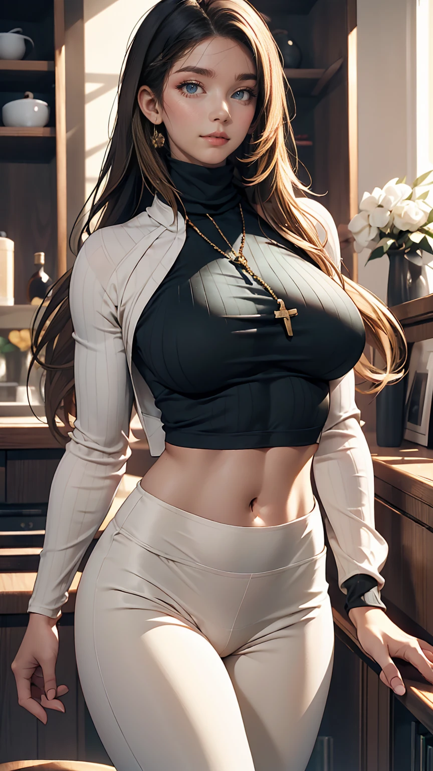 24 year old Caucasian female、long hair、Sheer off-turtle neck((off-turtle neck))Wear tops、I can see my belly button、Narrow waist、Wear low rise leggings、Big Breasts、Cross one's army chest is on my arms、Wear stiletto heels、smile、