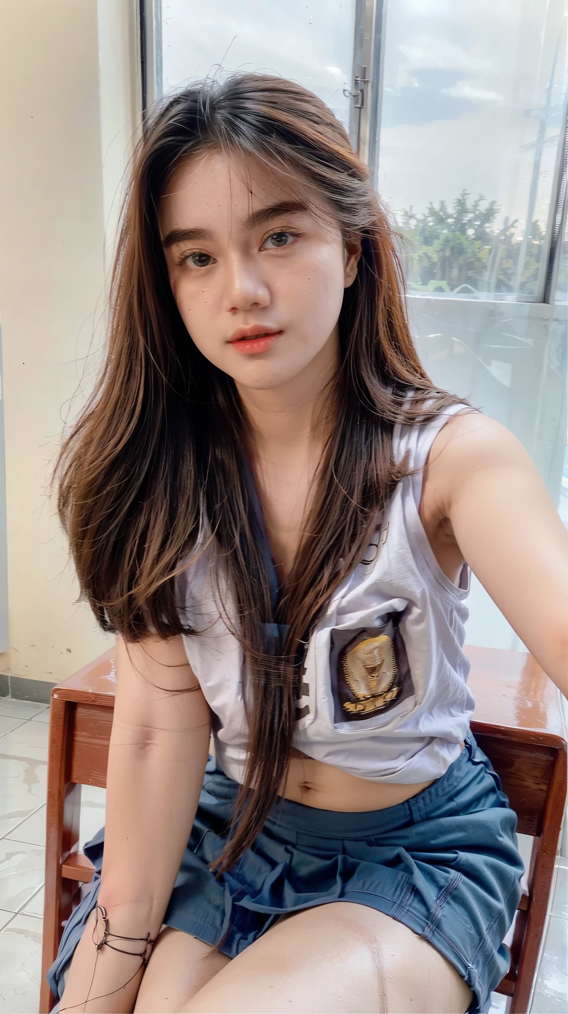 Beautiful 18 Years Old , Gigantic Large Breast , Cleavage , Sleeveless , ((Wearing High School Uniform)) , High School Skirt , Kayes , Indonesian Influencer , Sit On Table In Classroom , Modern Futuristic Classroom , Take Selfie , ((Face Focus)) , ((Centre:1.1)), ((Symetric Picture:1.1)) , ((Blonde Hair:1.1)) , Extremely Detailed , ((Bokeh:1.1))