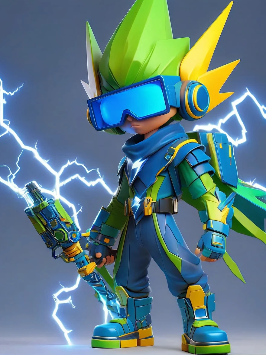 1boy, solo, Lightning energy，Electricity elements，Wearing a pointed headdress，Wearing large rectangular glasses，Blue Highlight Lightning，Wearing bright blue and green square clothing，High heel boots，Holding an electric weapon，Best quality，Original，whole body，Cartoon Style，3D character rendering，Created with C4D and Blender，precise，Blind box toy style，Super Detail，Anatomically correct，masterpiece, 1djxz1