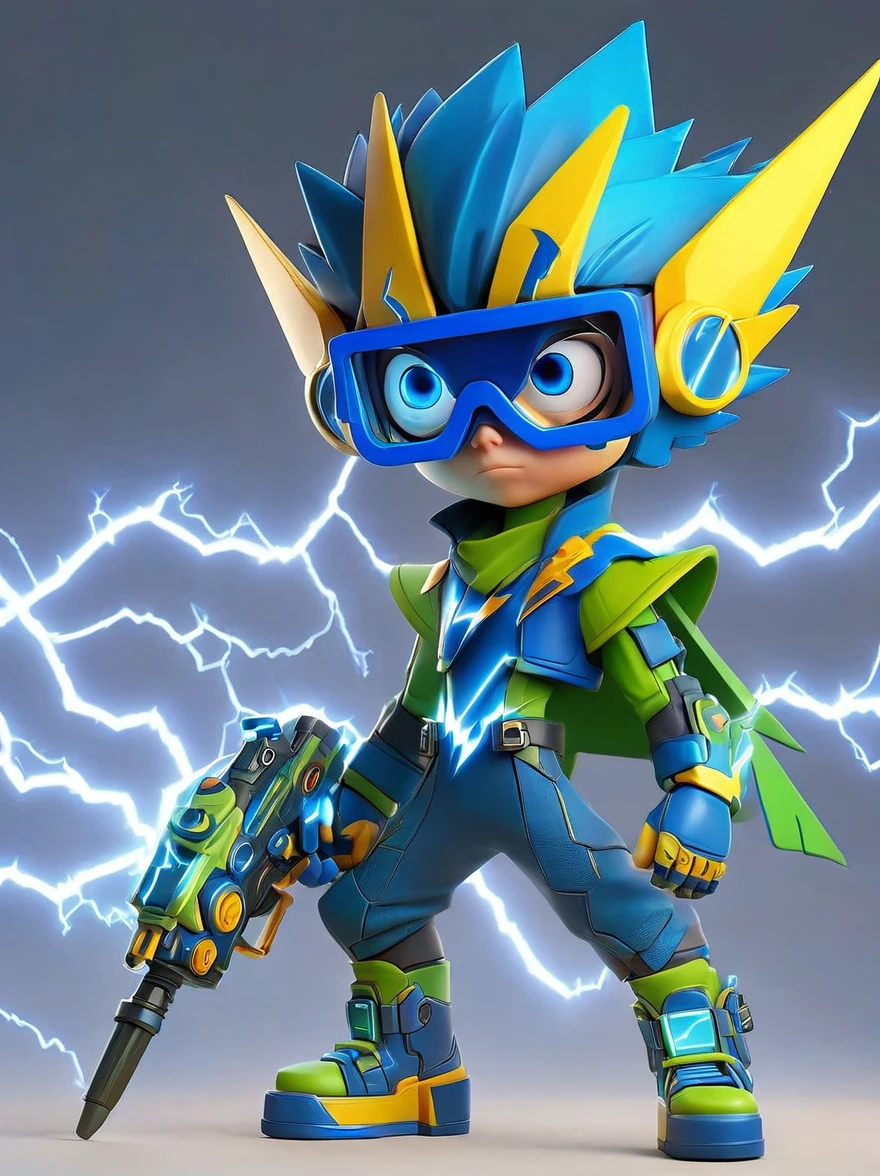 1boy, solo, Lightning energy，Electricity elements，Wearing a pointed headdress，Wearing large rectangular glasses，Blue Highlight Lightning，Wearing bright blue and green square clothing，High heel boots，Holding an electric weapon，Best quality，Original，whole body，Cartoon Style，3D character rendering，Created with C4D and Blender，precise，Blind box toy style，Super Detail，Anatomically correct，masterpiece, 1djxz1