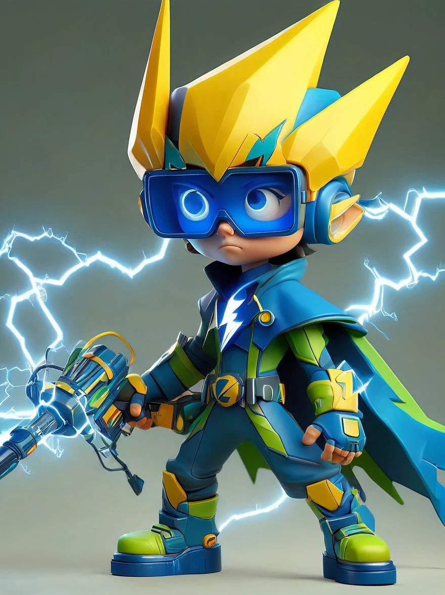 1boy, solo, Lightning energy,Electricity elements,Wearing a pointed headdress,Wearing large rectangular glasses,Blue Highlight Lightning,Wearing bright blue and green square clothing,High heel boots,Holding an electric weapon,Best quality,Original,whole body,Cartoon Style,3D character rendering,Created with C4D and Blender,precise,Blind box toy style,Super Detail,Anatomically correct,masterpiece, 1djxz1