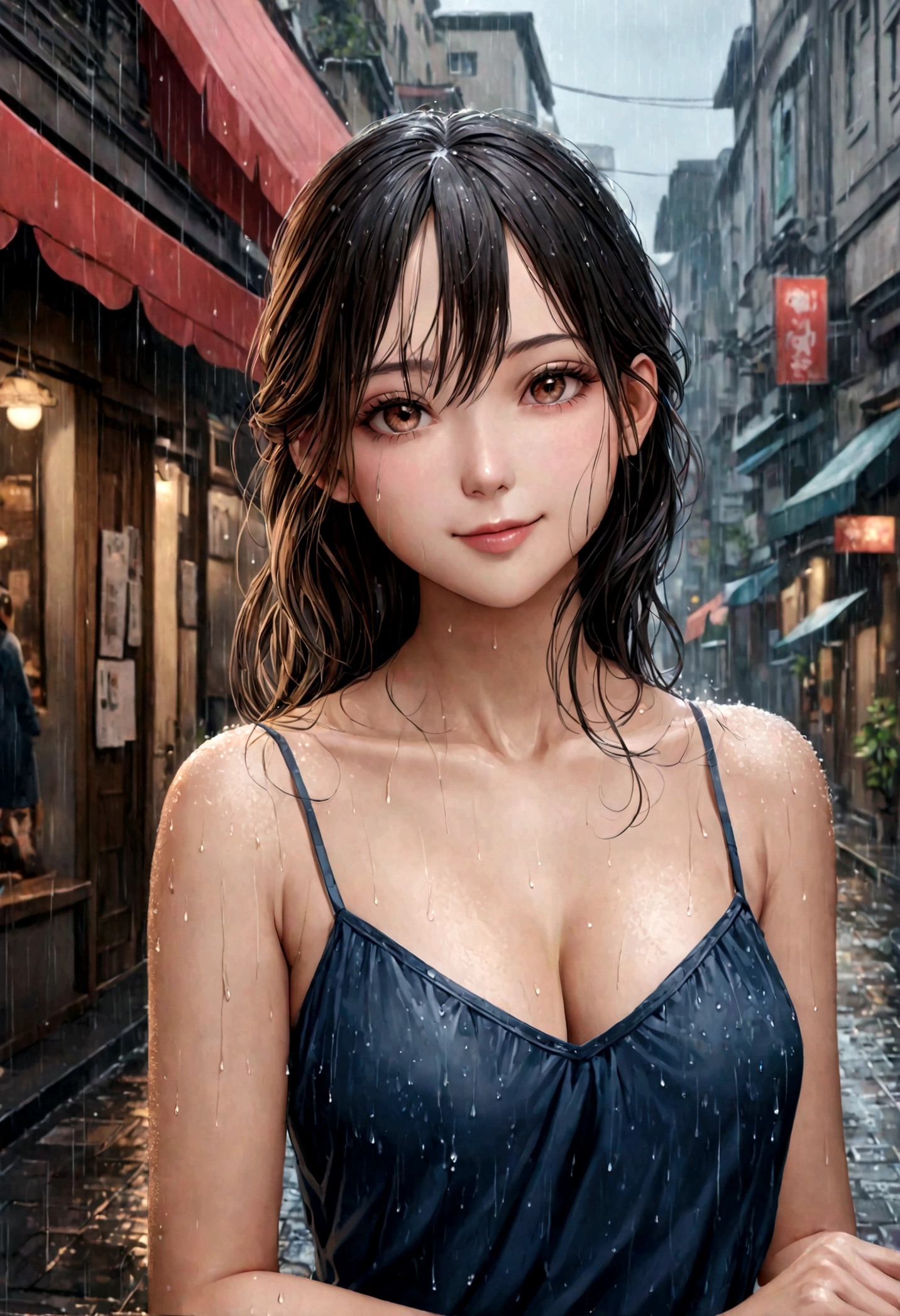 ((best quality, 8K, photograph, hyper realistic, masterpiece:1.3)), focus: 1.2, perfect body beautiful: 1.4, , ((layered hairstyle, cleavage: 1.2)), (casual clothes: 1.1), (rain, street:1.3), camisole top dress: 1.3, Highly detailed facial and skin textures, exquisite eyes, double eyelids, skin whitens, long hair, sweet and alluring smile, head slightly tilted to one side