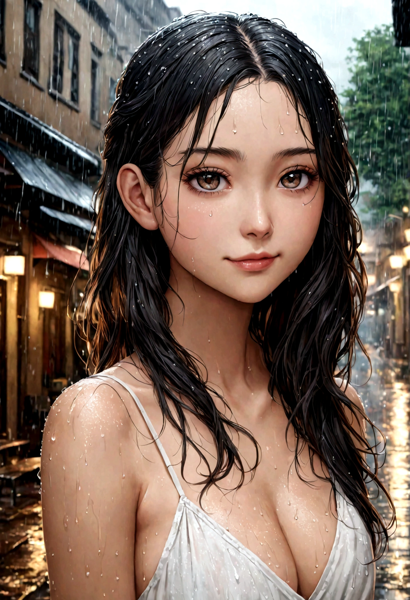 ((best quality, 8K, photograph, hyper realistic, masterpiece:1.3)), focus: 1.2, perfect body beautiful: 1.4, , ((layered hairstyle, cleavage: 1.2)), (casual clothes: 1.1), (rain, street:1.3), camisole top dress: 1.3, Highly detailed facial and skin textures, exquisite eyes, double eyelids, skin whitens, long hair, sweet and alluring smile, head slightly tilted to one side