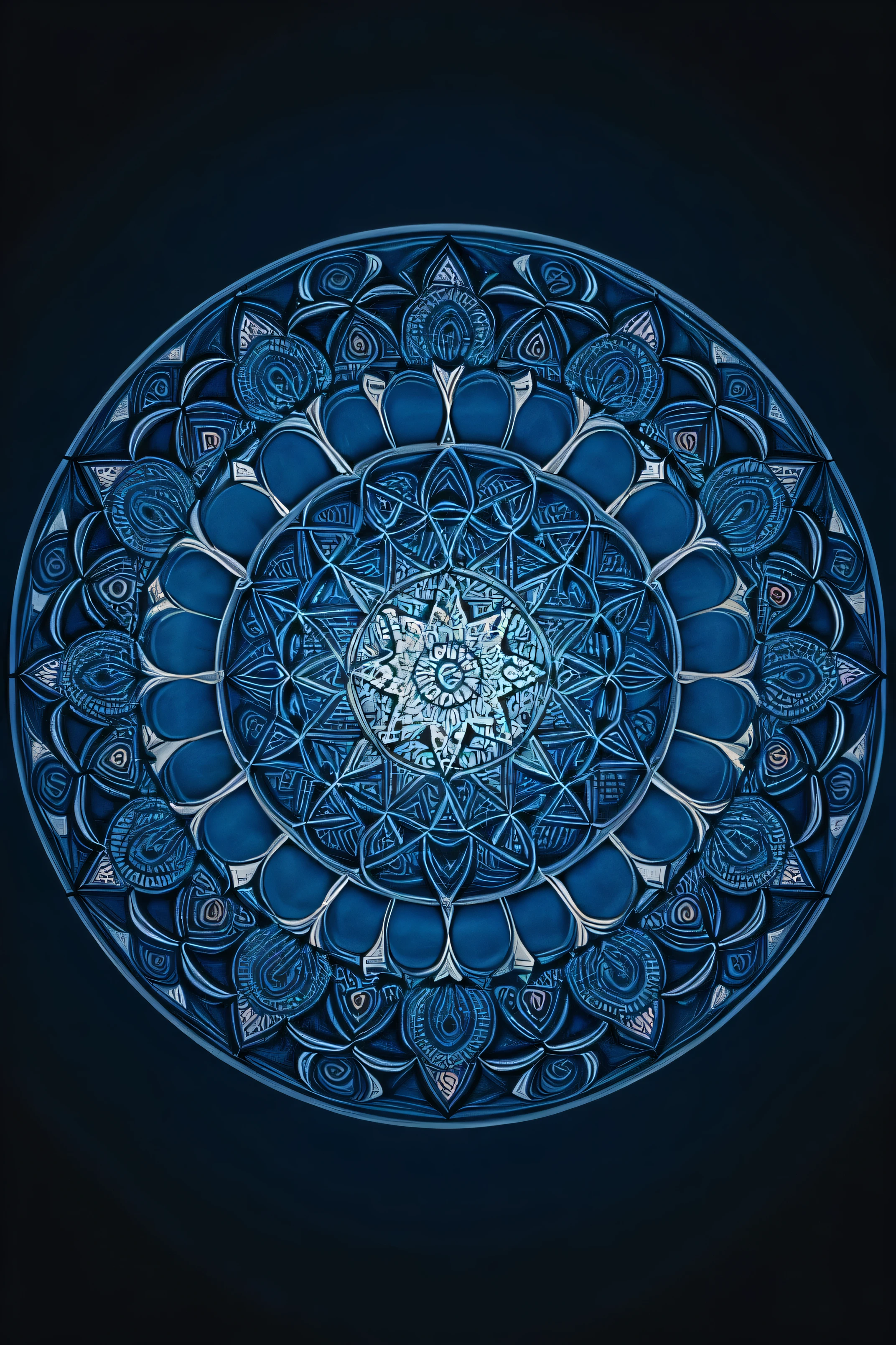 Create a mandala art with intricate details, using shades of blue gradient against a dark translucent background. Position the artwork centrally, ensuring there are no missing sections.