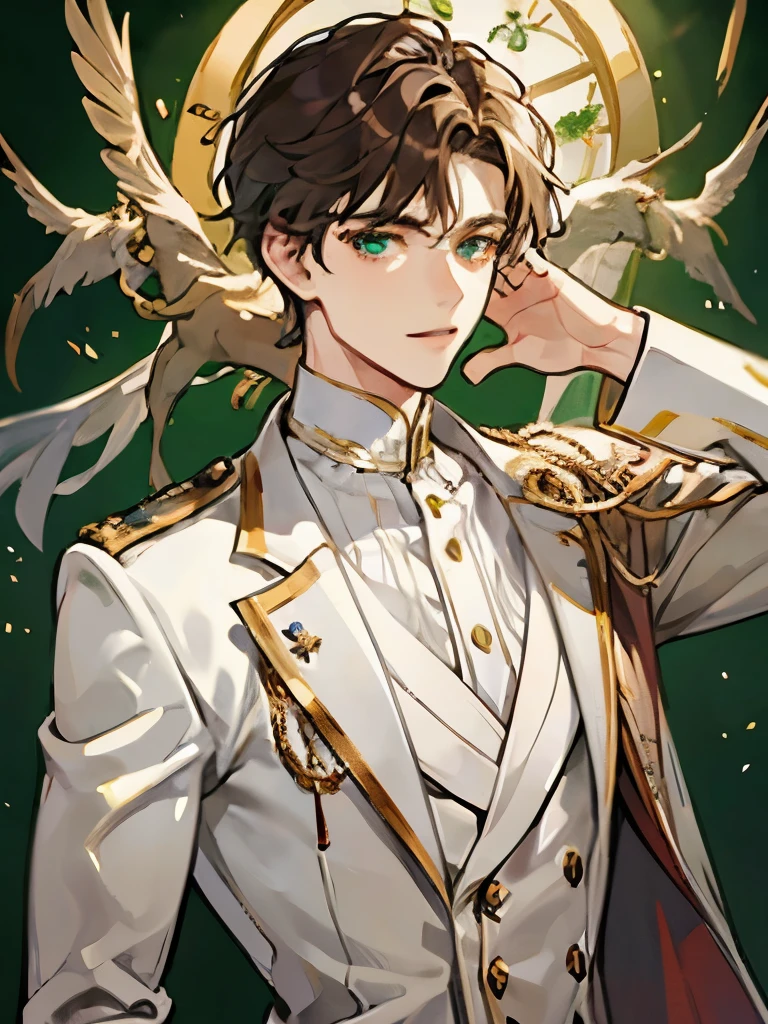 British prince, dark brown hair, green eyes, elegant white clothes, metal element power, ultra detailed