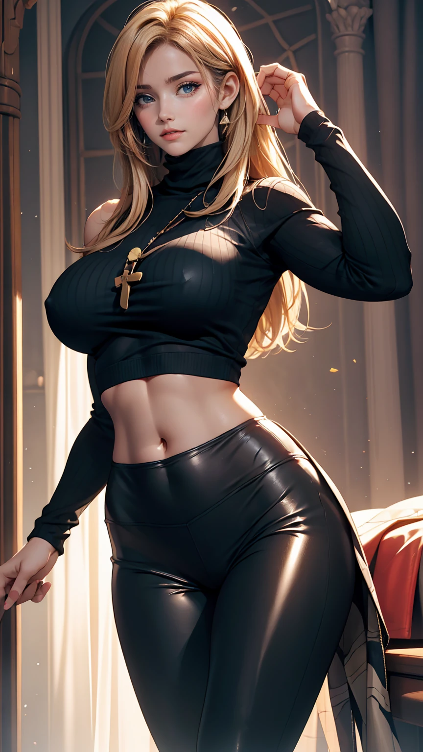 24 year old Caucasian female、long hair、Sheer off-turtle neck((off-turtle neck))Wear tops、I can see my belly button、Narrow waist、Wear low rise leggings、Big Breasts、Cross one's arms、My chest is on my arms、Wear stiletto heels、smile、