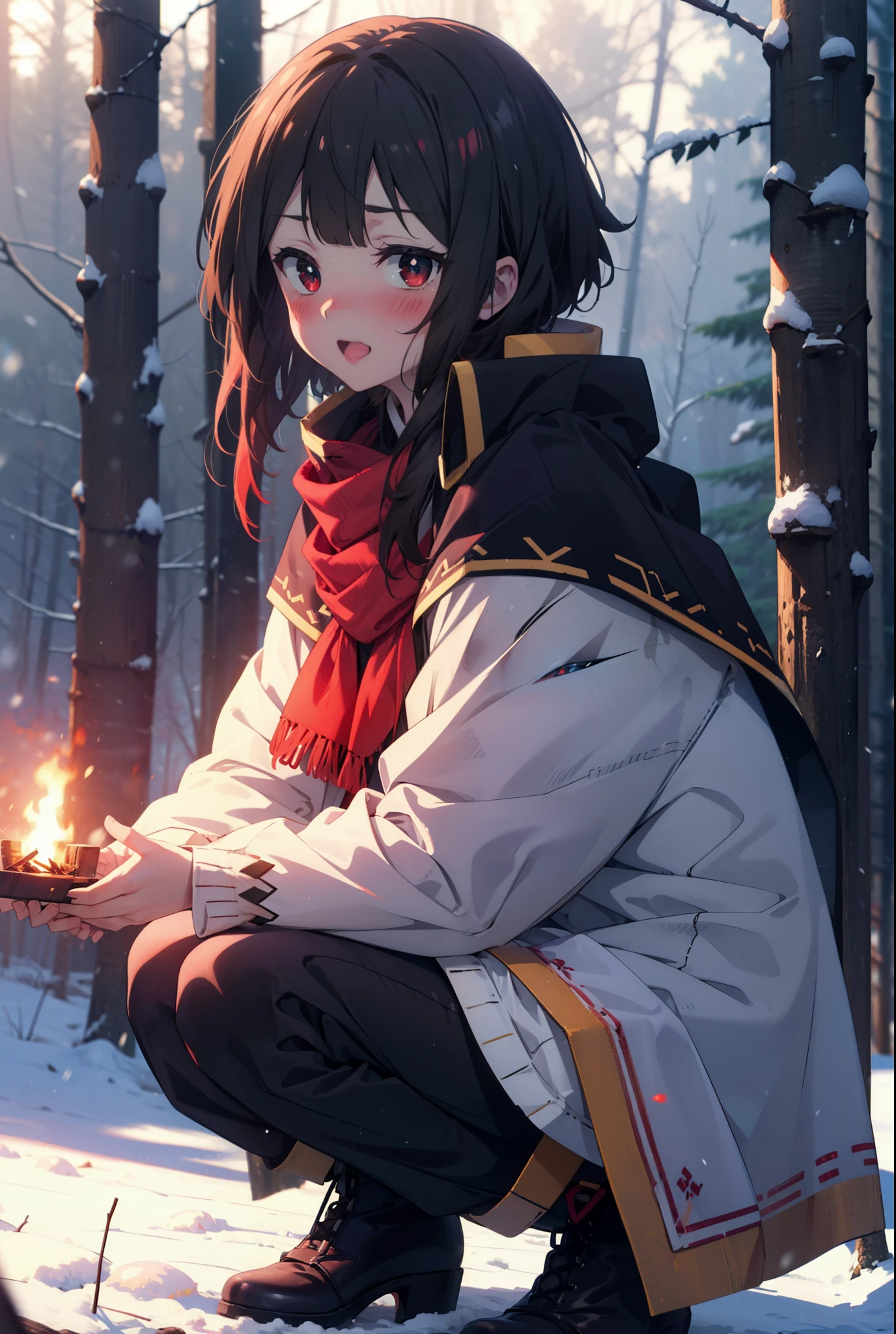 konosubaMegumin, Megumin, short hair, Black Hair, (Red eyes:1.3), short hair with long locks,Smile,blush,White Breath,
Open your mouth,snow,Ground bonfire, Outdoor, boots, snowing, From the side, wood, suitcase, Cape, Blurred, Increase your meals, forest, White handbag, nature, Squat, Mouth closed, フードed Cape, winter, Written boundary depth, Black shoes, red Cape break looking at viewer, Upper Body, whole body, break Outdoor, forest, nature, break (masterpiece:1.2), highest quality, High resolution, unity 8k wallpaper, (shape:0.8), (Beautiful and beautiful eyes:1.6), Highly detailed face, Perfect lighting, Extremely detailed CG, (Perfect hands, Perfect Anatomy),