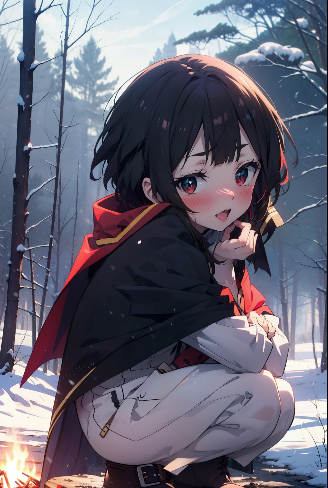 konosubaMegumin, Megumin, short hair, Black Hair, (Red eyes:1.3), short hair with long locks,Smile,blush,White Breath,
Open your mouth,snow,Ground bonfire, Outdoor, boots, snowing, From the side, wood, suitcase, Cape, Blurred, Increase your meals, forest, White handbag, nature, Squat, Mouth closed, フードed Cape, winter, Written boundary depth, Black shoes, red Cape break looking at viewer, Upper Body, whole body, break Outdoor, forest, nature, break (masterpiece:1.2), highest quality, High resolution, unity 8k wallpaper, (shape:0.8), (Beautiful and beautiful eyes:1.6), Highly detailed face, Perfect lighting, Extremely detailed CG, (Perfect hands, Perfect Anatomy),