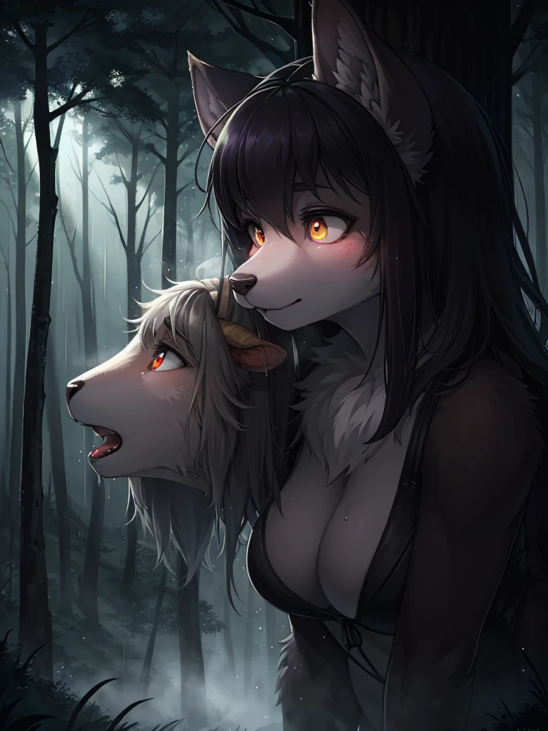 Hallucination, daydream , Fear , Fantastic , bokeh , hairy fur , haunted foggy forest , female wolf , heavy rain , with sheep in the dark , steamy breath , Predator Eyes , can not stand it any longer , (Attacking sheep that have wandered into the forest)
