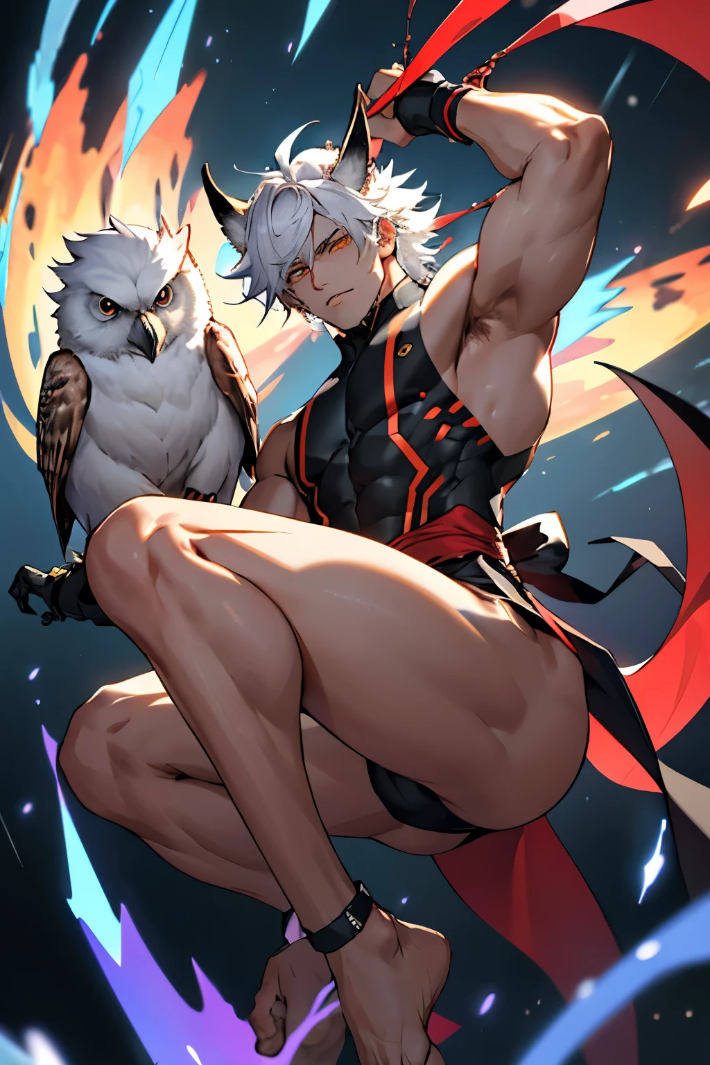 You have a manly human face.,covered with light smooth skin。You have waist-length golden human hair.。You have a pair of devilish owl eyes,Red iris in a round shape,Black pupil vertical,There is also a white sclera。You have a normal pair of human ears,covered with light smooth skin。No trace of facial hair。 mouth: You have full、Light lips。 TorsoLooks manly.,Covered with brown smooth skin。You have a well-proportioned and muscular body,Shape your strong body。 arm: You have a pair of human arms and hands,covered with light smooth skin。No trace of hair under your armpits。Your arms look strong,Looks manly.。 Legs: Your legs and feet are human-shaped.,covered with light smooth skin。Your legs and feet make you plantigrade.,Meaning you walk on the soles of your feet。 Your legs look beautiful,Show masculine demeanor。 wing: Growing on your shoulders,You have a pair of giant feathered demon wings.,Covered with black glossy feathers。Your arms are the right size and strong enough,Allows you to fly! Tail: You have a pointed brown devil's tail extending from your tailbone.。