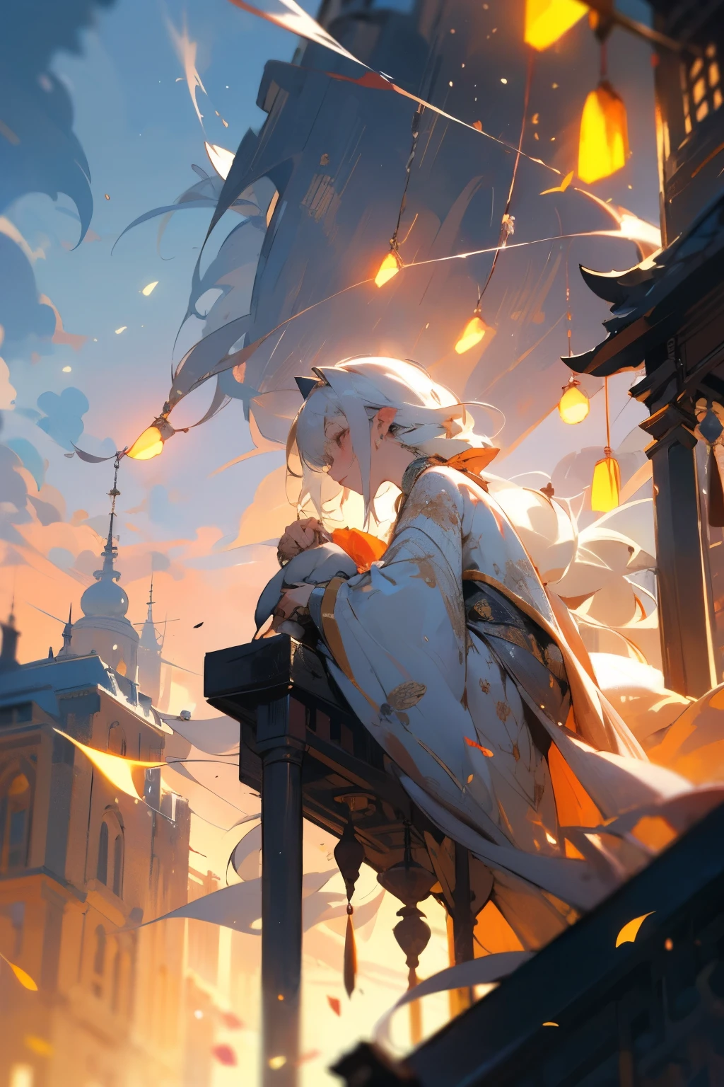cloudy sky, calm sky, brilliant sunset with red orange and green on a rooftop, girl sitting on a terrace, away from the ground, tall buildings in the distance , girl in elegant dress, sparkling white hair, long and flowing bangs, she is listening to a cute kitten, cityscape in the afternoon, dazzling string lights, wind chimes, Color beauty, Perfect composition, meticulously drawn details, 8k, glowing fireflies flying in the sky, brilliant colors