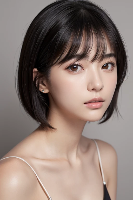 (High resolution:1.3), (16k, Photorealistic, Raw photo, Best image quality: 1.4), Japanese, (One Girl), Beautiful Face, (A vivid face), (Black-haired、short hair:1.3), Beautiful Hairstyles, Realistic eyes, Beautifully detailed eyes, (Realistic Skin), Beautiful skins, attractive, 超A high resolution, Surreal, High detail, Golden Ratio, Highly detailed cute girl,(20-year-old),  collarbones