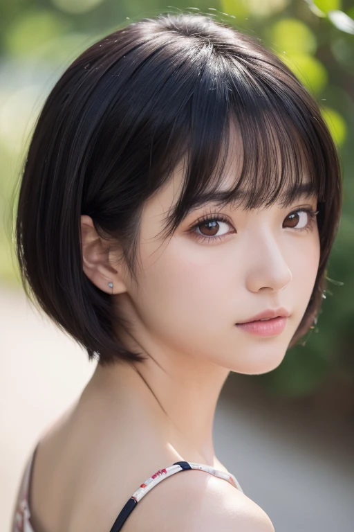 (High resolution:1.3), (16k, Photorealistic, Raw photo, Best image quality: 1.4), Japanese, (One Girl), Beautiful Face, (A vivid face), (Black-haired、short hair:1.3), Beautiful Hairstyles, Realistic eyes, Beautifully detailed eyes, (Realistic Skin), Beautiful skins, attractive, 超A high resolution, Surreal, High detail, Golden Ratio, Highly detailed cute girl,(20-year-old),  collarbones