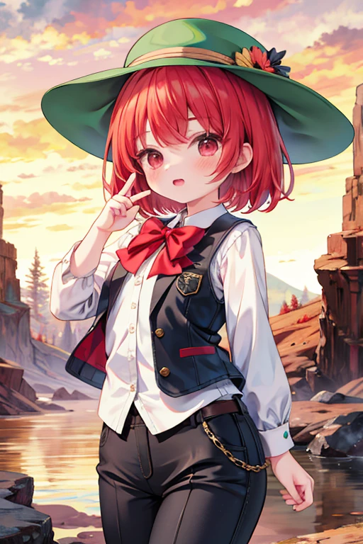 masterpiece, highest quality, Very detailed, 16k, Ultra-high resolution, Cowboy Shot, Detailed face, Perfect Fingers, One , Red eyes, Red hair, short hair, Safari Hat, Waistcoat, Pants look, Thick-soled shoes, Volcanic areas, walk