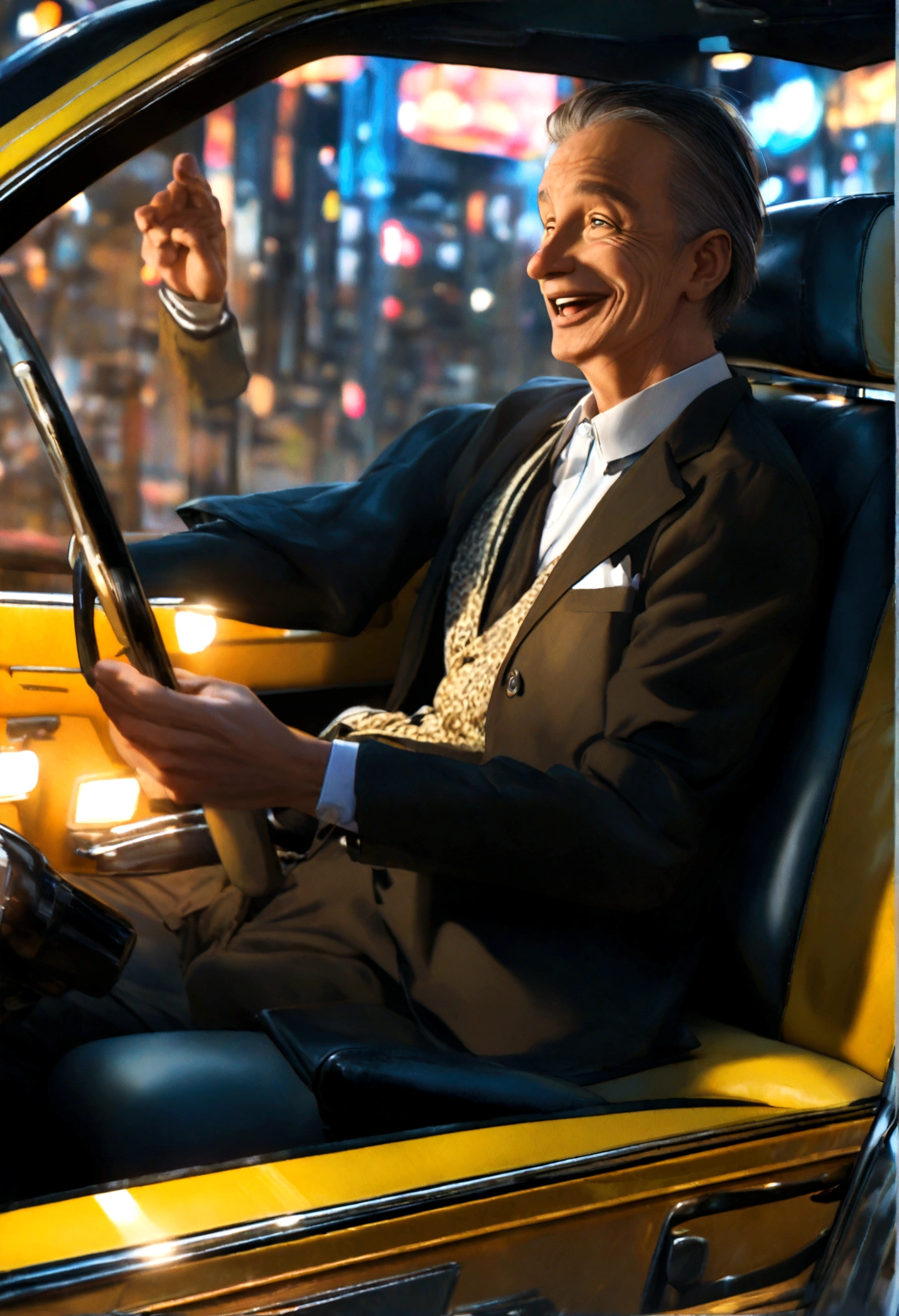 Mr. Smith, an old taxi driver , is smiling and relaxed, sitting in driver seats drive his taxi