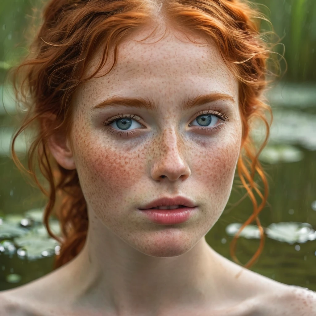 An exquisitely detailed photograph of an elegant red-haired girl with freckles., Drowning in the swamp, a few freckles scattered on the dewdrops of a beautiful face, con rasgos puntiagudos, a dreamy look with languid eyes and a mouth slightly open in an expression of euphoria. Ella'lleva una camiseta mojada, pecho ajustado, y jeans sucios, incrustado en el fondo fangoso del pantano. Among stumps and trees tangled in thorny vines, a girl drowns in a dark swamp., desperately clinging to slippery hooks with fingers, pero incapaz de superar el viscoso dno. Su cara, arrojado de vuelta al cielo, expresses a mixture of agony, shame and perverted pleasure for indulging in a dirty fetish, cuerpo completo