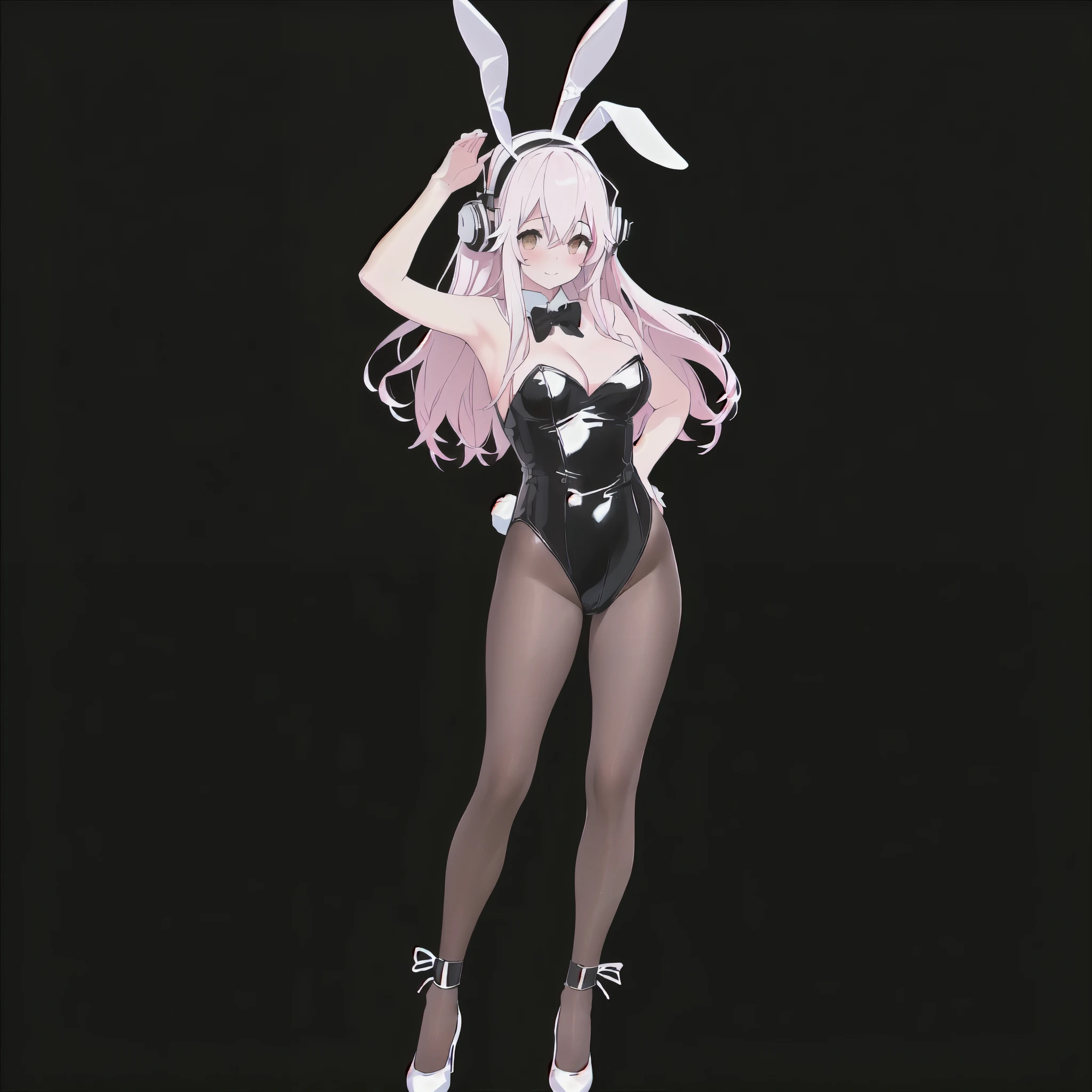 A woman wearing black clothes and rabbit ears is posing, ultrarealistic sweet Bunny girl, Bunny girl, Full pose, Leather Bunny Costume Bodysuit, With rabbit ears, Playboy Bunny、Super Sonico