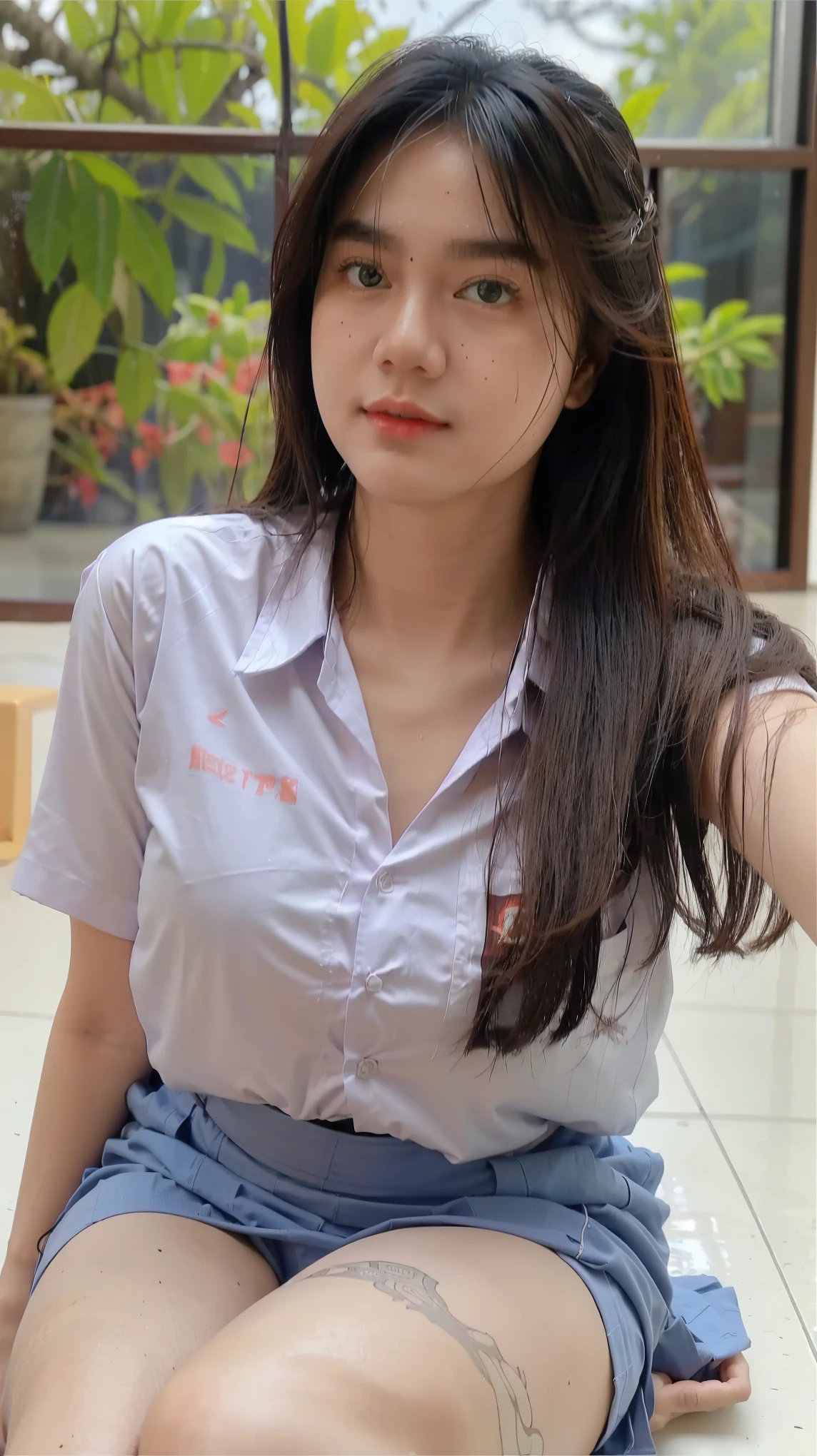 Beautiful 18 Years Old , Gigantic Large Breast , Cleavage , Sleeveless , ((Wearing High School Uniform)) , High School Skirt , Kayes , Indonesian Influencer , Sit On Table In Classroom , Modern Futuristic Classroom , Take Selfie , ((Face Focus)) , ((Centre:1.1)), ((Symetric Picture:1.1)) , ((Blonde Hair:1.1)) , Extremely Detailed , ((Bokeh:1.1))