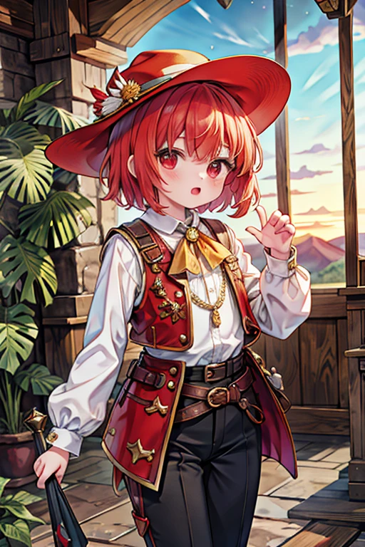 masterpiece, highest quality, Very detailed, 16k, Ultra-high resolution, Cowboy Shot, Detailed face, Perfect Fingers, One 12-year-old girl, Red eyes, Red hair, short hair, Safari Hat, Waistcoat, Pants look, Thick-soled shoes, Volcanic areas, walk, medieval armor