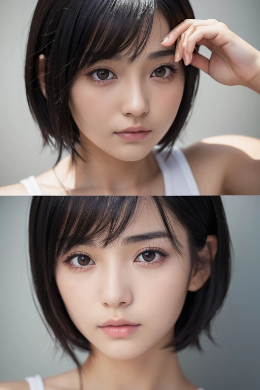 (High resolution:1.3), (16k, Photorealistic, Raw photo, Best image quality: 1.4), Japanese, (One Girl), Beautiful Face, (A vivid face), (Black-haired、short hair:1.3), Beautiful Hairstyles, Realistic eyes, Beautifully detailed eyes, (Realistic Skin), Beautiful skins, attractive, 超A high resolution, Surreal, High detail, Golden Ratio, Highly detailed cute girl,(20-year-old), molest, molestation, Elderly man