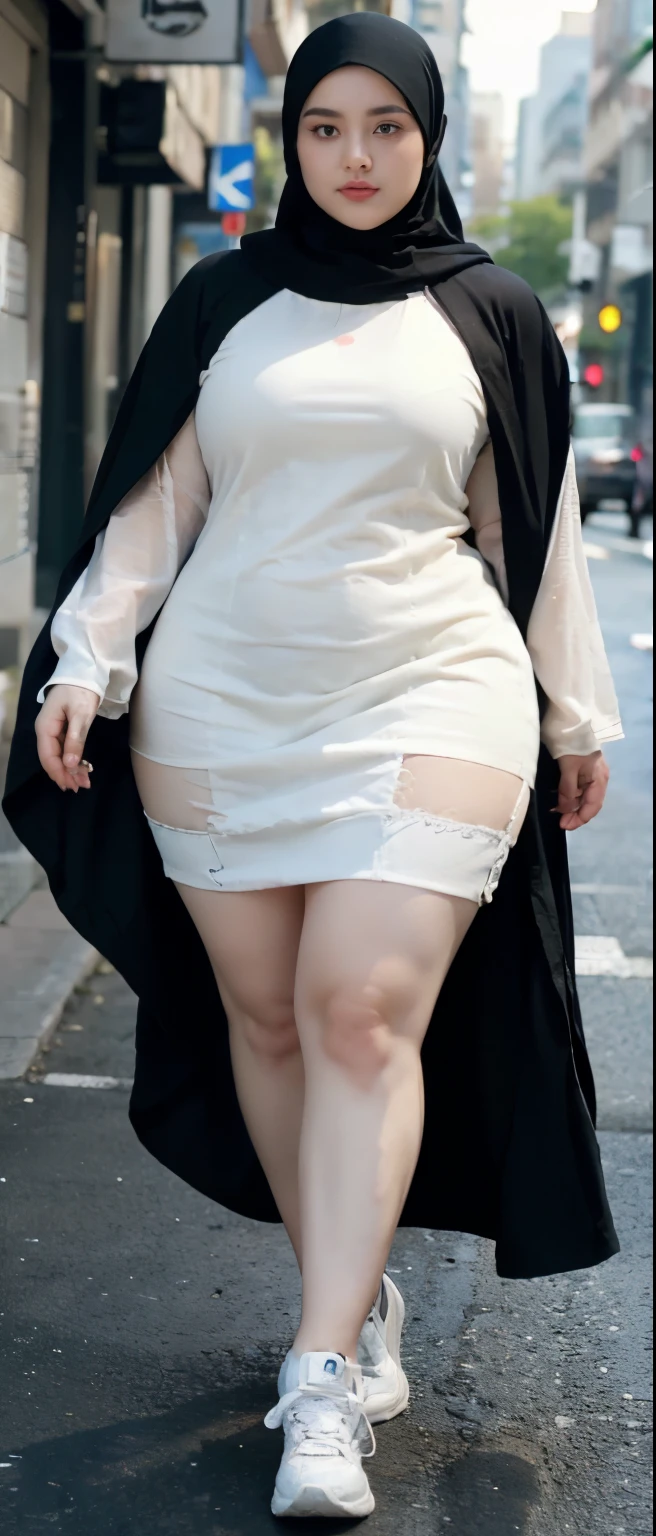 Milky white skin woman in black dress and hijab walking down the street, , hijab outfit, , hijab fashion model, plus size, plus size woman, , woman in black robes, beautiful woman, thicc, black outfit,, bbwchan , white sneakers , Height 170 cm, beautiful woman, with a beautiful appearance, a very beautiful masterpiece, a masterpiece of art, good lighting, Bright colors, Clean lines