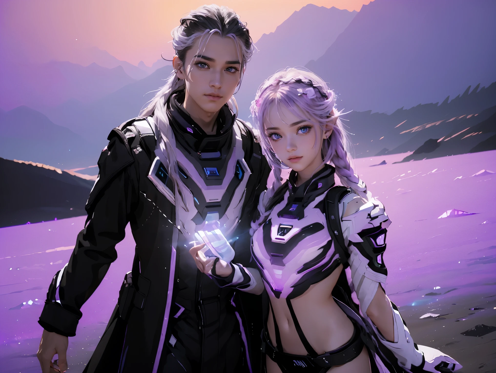 ((masterpiece, best quality, extremely detailed), volumetric lighting, ambient occlusion, colorful, glowing), a boy and a girl, (purple white gradient long hair),  halo, aura, sacred, goddess,, (black outfit:1.3), 
outdoors, sunset, sky, clouds, space, ((a couple shot)),