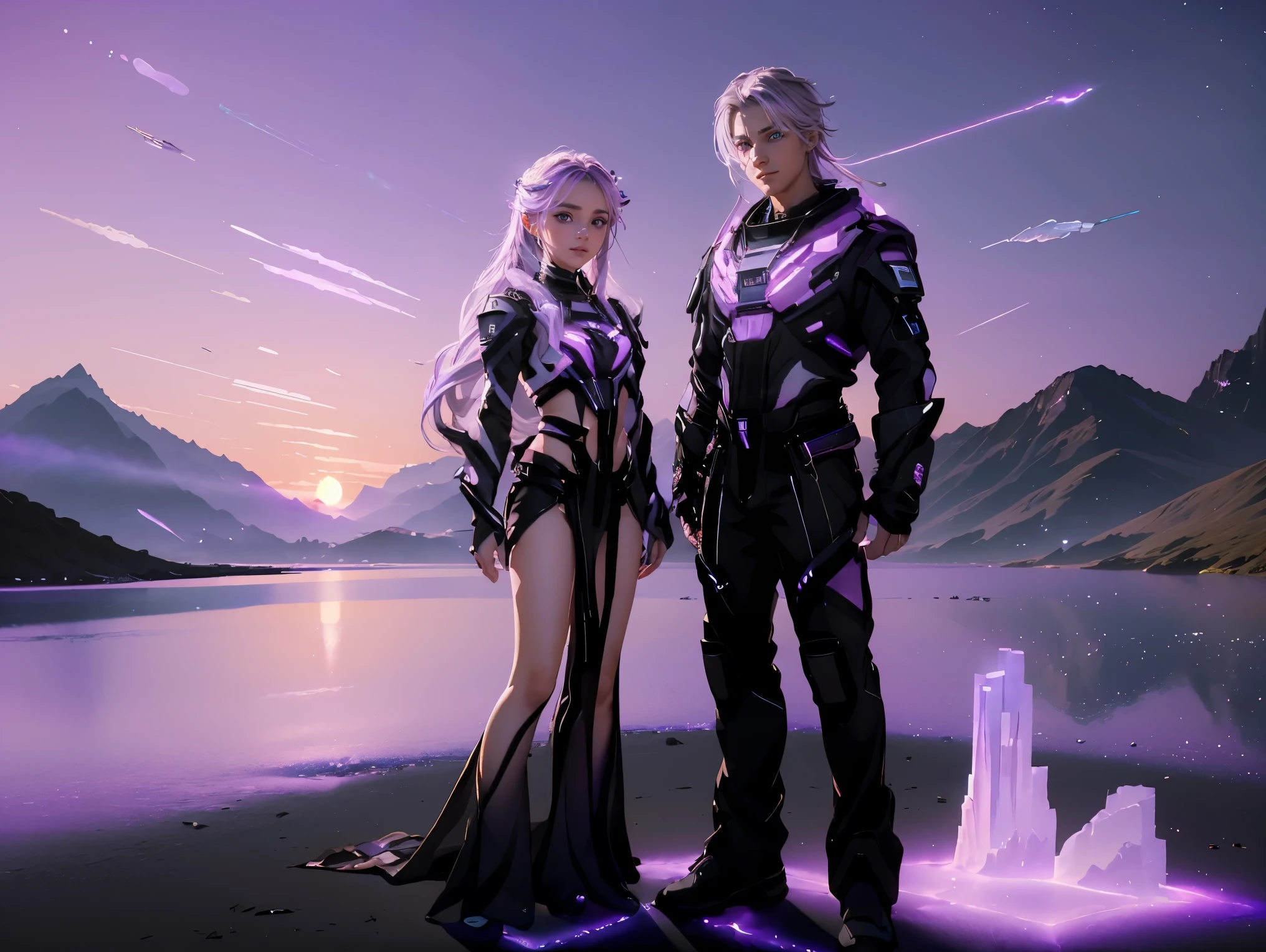 ((masterpiece, best quality, extremely detailed), volumetric lighting, ambient occlusion, colorful, glowing), a boy and a girl, (purple white gradient long hair),  halo, aura, sacred, goddess,, (black outfit:1.3), 
outdoors, sunset, sky, clouds, space, ((a couple shot)),