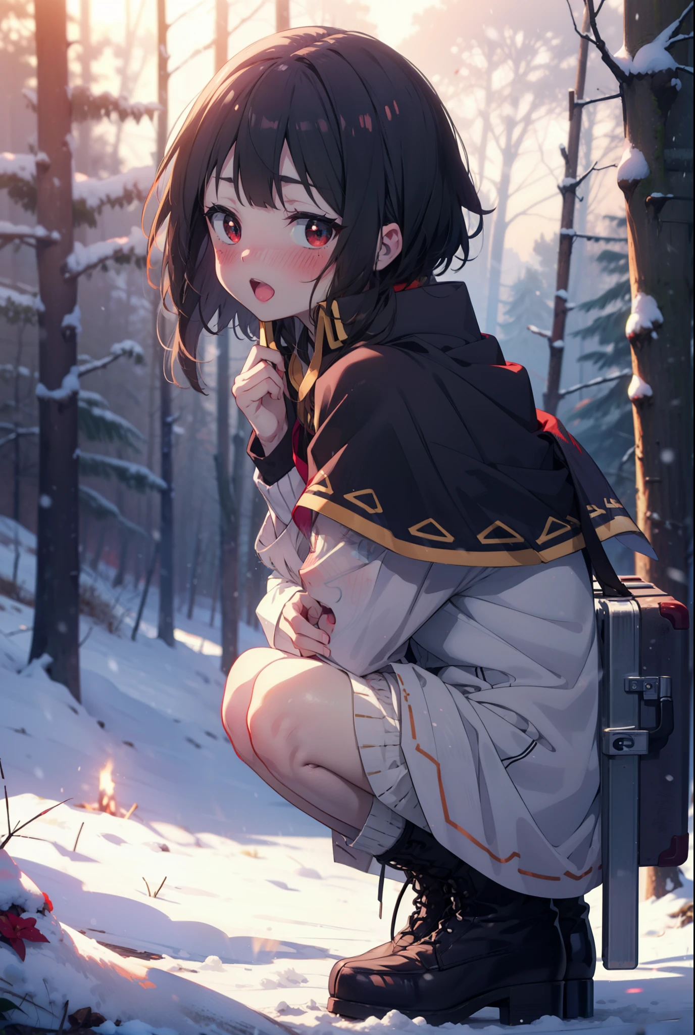 konosubaMegumin, Megumin, short hair, Black Hair, (Red eyes:1.3), short hair with long locks,Smile,blush,White Breath,
Open your mouth,snow,Ground bonfire, Outdoor, boots, snowing, From the side, wood, suitcase, Cape, Blurred, Increase your meals, forest, White handbag, nature, Squat, Mouth closed, フードed Cape, winter, Written boundary depth, Black shoes, red Cape break looking at viewer, Upper Body, whole body, break Outdoor, forest, nature, break (masterpiece:1.2), highest quality, High resolution, unity 8k wallpaper, (shape:0.8), (Beautiful and beautiful eyes:1.6), Highly detailed face, Perfect lighting, Extremely detailed CG, (Perfect hands, Perfect Anatomy),