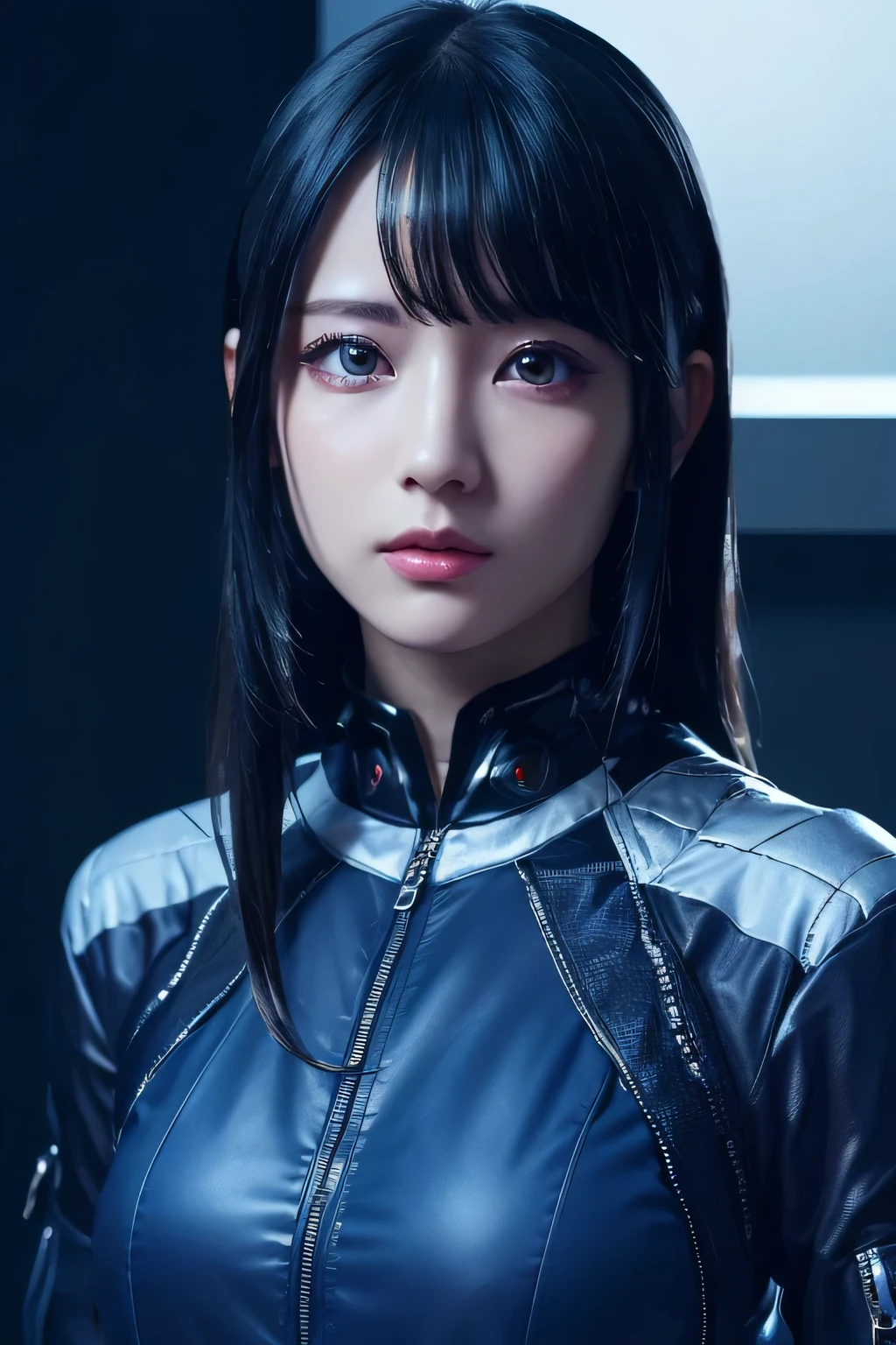 8K Ultra HD, masterpiece, beautiful girl, Detailed eyes, Nice face, Detailed eyesbrow, Beautiful costumes, Blue outfit, cyber punk, Cyberspace, The Shining, Diaco Lighting, Upper Body,