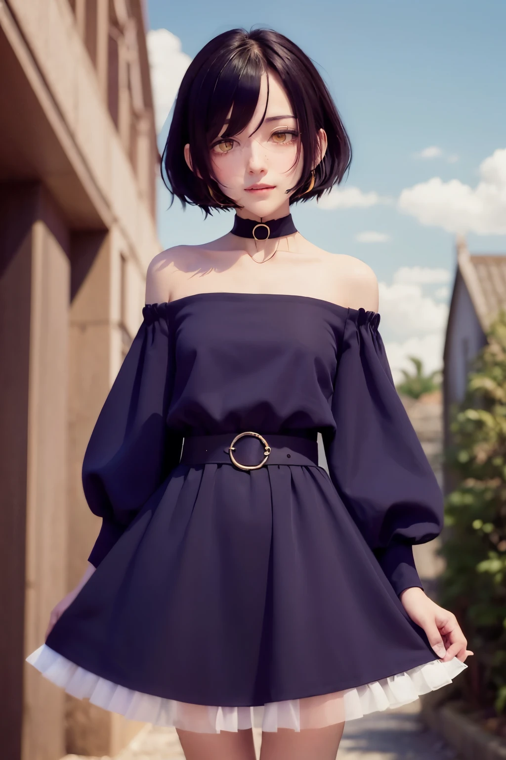 Hui Xiyi, Rekkyo Sensen, fantasy world, ruins, fort, beautiful sky, shining sky, sunshine, black choker, blue dress, blush, choker, collarbone, dress, frills, medium hair, short hair, long sleeves, pantyhose, swept bangs, white legwear, blue clothes, wool clothes, two side up,nun,monk clothes,monk,sister clothes,cross, off-shoulder sleeves, belts