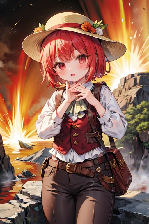 masterpiece, highest quality, Very detailed, 16k, Ultra-high resolution, Cowboy Shot, Detailed face, Perfect Fingers, One 12-year-old girl, Red eyes, Red hair, short hair, Safari Hat, Waistcoat, Pants look, Thick-soled shoes, Volcanic areas, walk, medieval armor