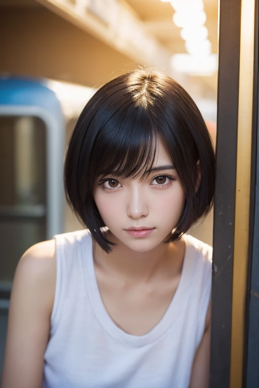 (High resolution:1.3), (16k, Photorealistic, Raw photo, Best image quality: 1.4), Japanese, (One Girl), Beautiful Face, (A vivid face), (Black-haired、short hair:1.3), Beautiful Hairstyles, Realistic eyes, Beautifully detailed eyes, (Realistic Skin), Beautiful skins, attractive, 超A high resolution, Surreal, High detail, Golden Ratio, Highly detailed cute girl,(20-year-old),  train, molest, molestation, Elderly man