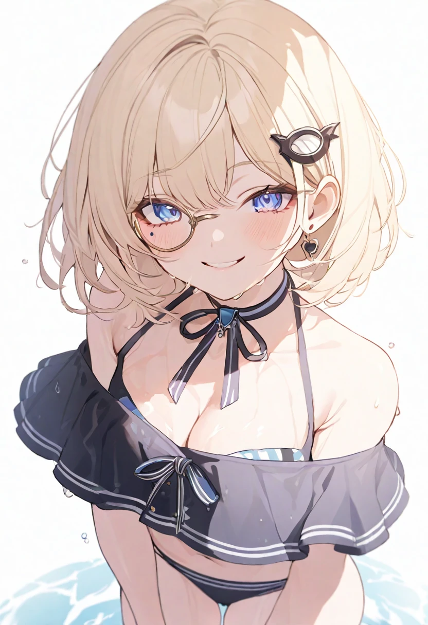 (masterpiece), (best quality), perfect face, beautiful girl, white background background, delicate and beautiful face and eyes, dark intense shadow, 
1 girl, vtuber style, cool girl, hololive, amelia_summer, bob cut, swimsuit, bikini, short shorts, monocle hair ornament, bikini, wet body, big chest, cropped shoulders, clavicle, winking, smile, bare feet, chest visible through clothes, ass visible through thighs, (full body), looking at viewer, standing, 