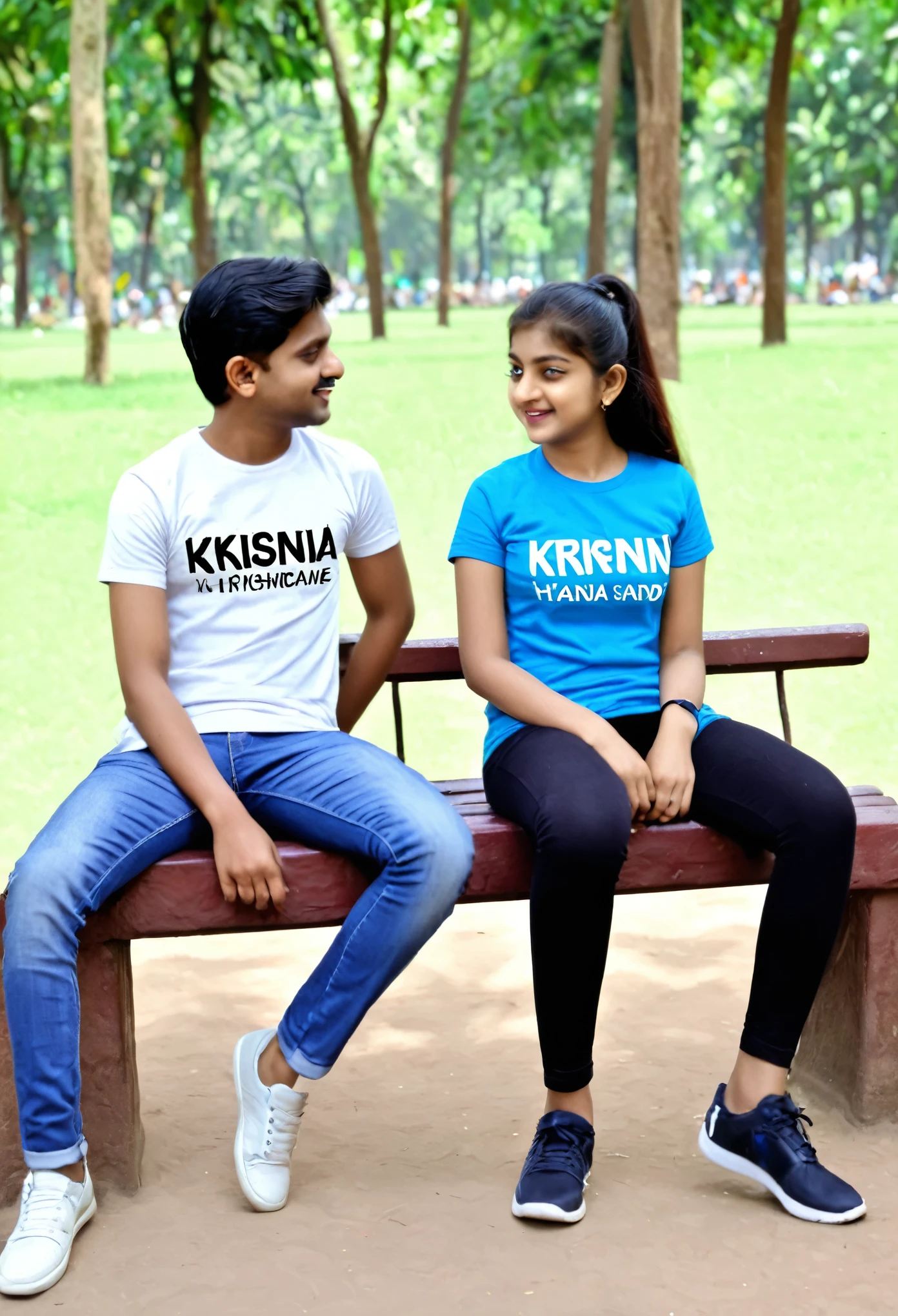 A loving boy and girl bench in park wearing t shirt written by boy name Krishn andgirl name chanda 