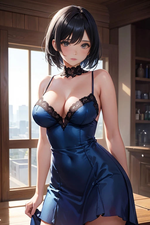 One girl, cowboy shot of beautiful There is, View Viewer, Blue Dress, Black Hair, blush, short hair, Volumetric lighting, highest quality, masterpiece, Intricate details, Tone Mapping, Sharp focus, Super detailed, Trending on Art Station, There is, Realistic