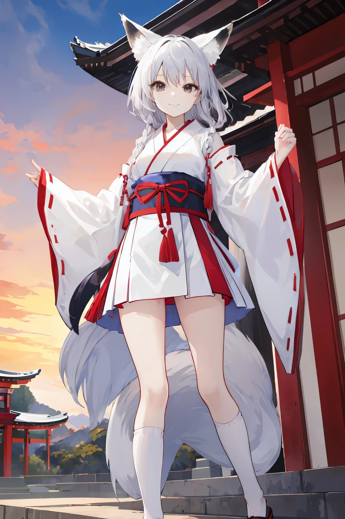 Alluring、smileから見える八重歯、Captured on camera from head to toe、One girl, A girl with silver hair that reaches down to her black eyes, smile, White knee-high socks, (Shrine maiden costume), (Red short hakama skirt), Witch girl, (change), Temple Background, sunset,Hair blowing in the wind、Fox Ears,Fox's Tail