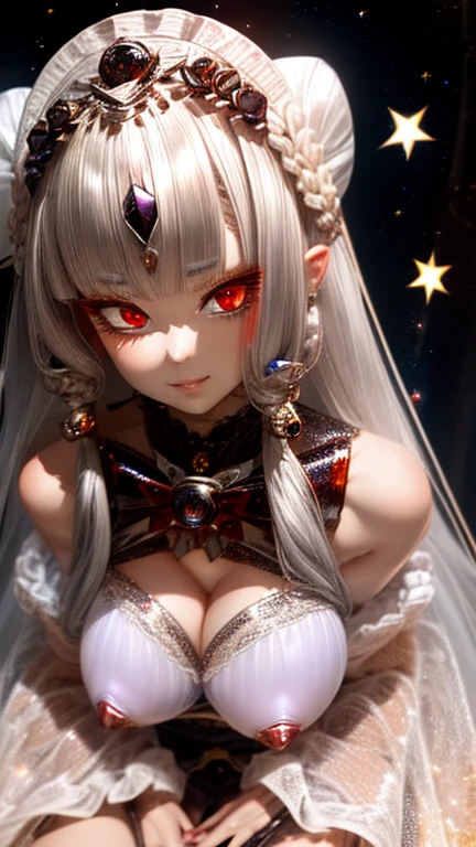 (masterpiece, highest quality, Super detailed, High resolution, figure:0.8), Highly detailed wallpaper, Official Art, wonderful, High detail, Super detailed, Highly detailed 8k wallpaper,Closed whole body, (((Burstingly Big Breasts)))、Bright silver hair, Red eyes with elongated pupils, (outer space with shining stars: 1.3), (One girl, alone),(Gorgeous bright red dress),sexy,Perfect Anatomy,Beautiful Face, Provocative,