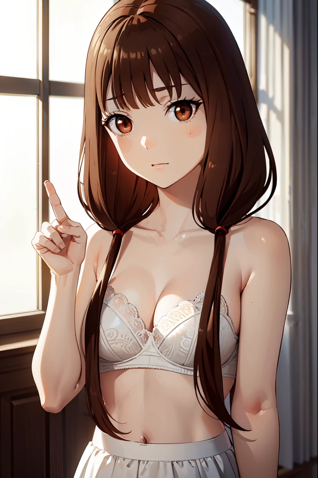 ((masterpiece:1.3, highly detailed:1.3, highres:1.1, best quality, HD, full image)),((miko iino, blunt bangs, (brown eyes:1.5), brown hair, hair tie, long hair, low twintails, twintails, collarbone)), ((naked, nude, white bra, white panty)), ((indoors, classroom, window background, trees)), looking at viewer, (masterpiece:1.2), best quality, high resolution, unity 8k wallpaper, (illustration:0.8), (beautiful detailed eyes:1.6), extremely detailed face, perfect lighting, extremely detailed CG,(perfect hands, perfect anatomy))),((sexy pose, different hand pose, standing))