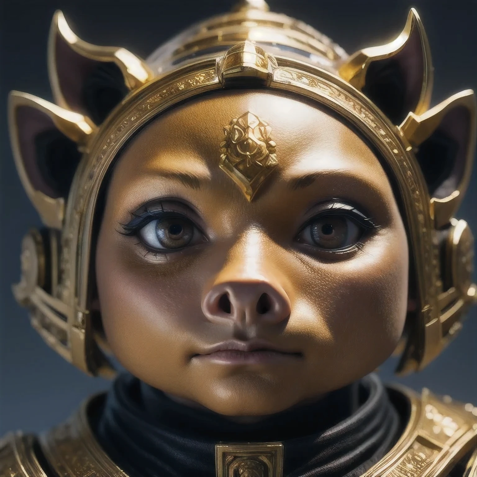 Close ups of Golden Head Pig Statue, High Detail 8k rendering, High Detail 8k rendering, High Detail 4k rendering, Movie close-up bust, 8k high detail and complex, Black Arakala Pig Warlord, Complex 8k rendering!!, Complex 8k details created in Unreal Engine 5